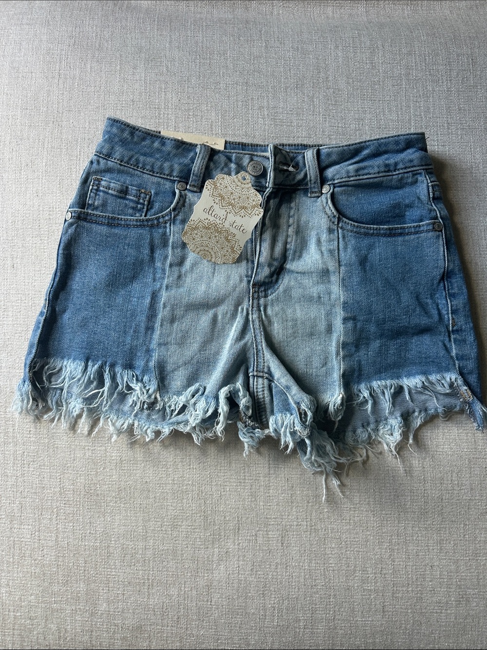 Altar'd State Two-Tone Blue Frayed Hem Denim Shorts